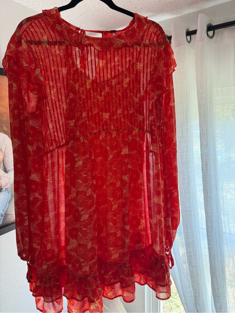Free People Red Floral Sheer Long Sleeve Dress Size M